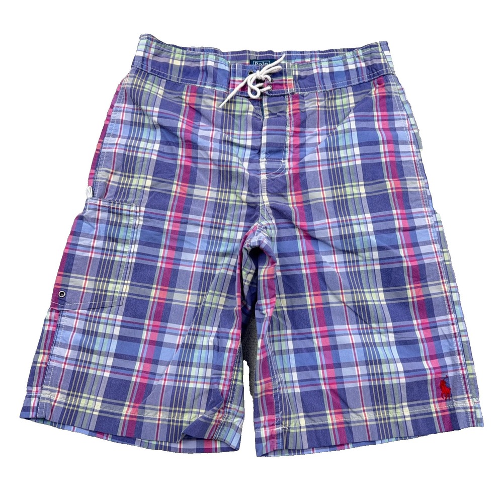 Polo Ralph Lauren Swim Trunks Boys Large Blue Pink Plaid Madras Bored Shorts PRL